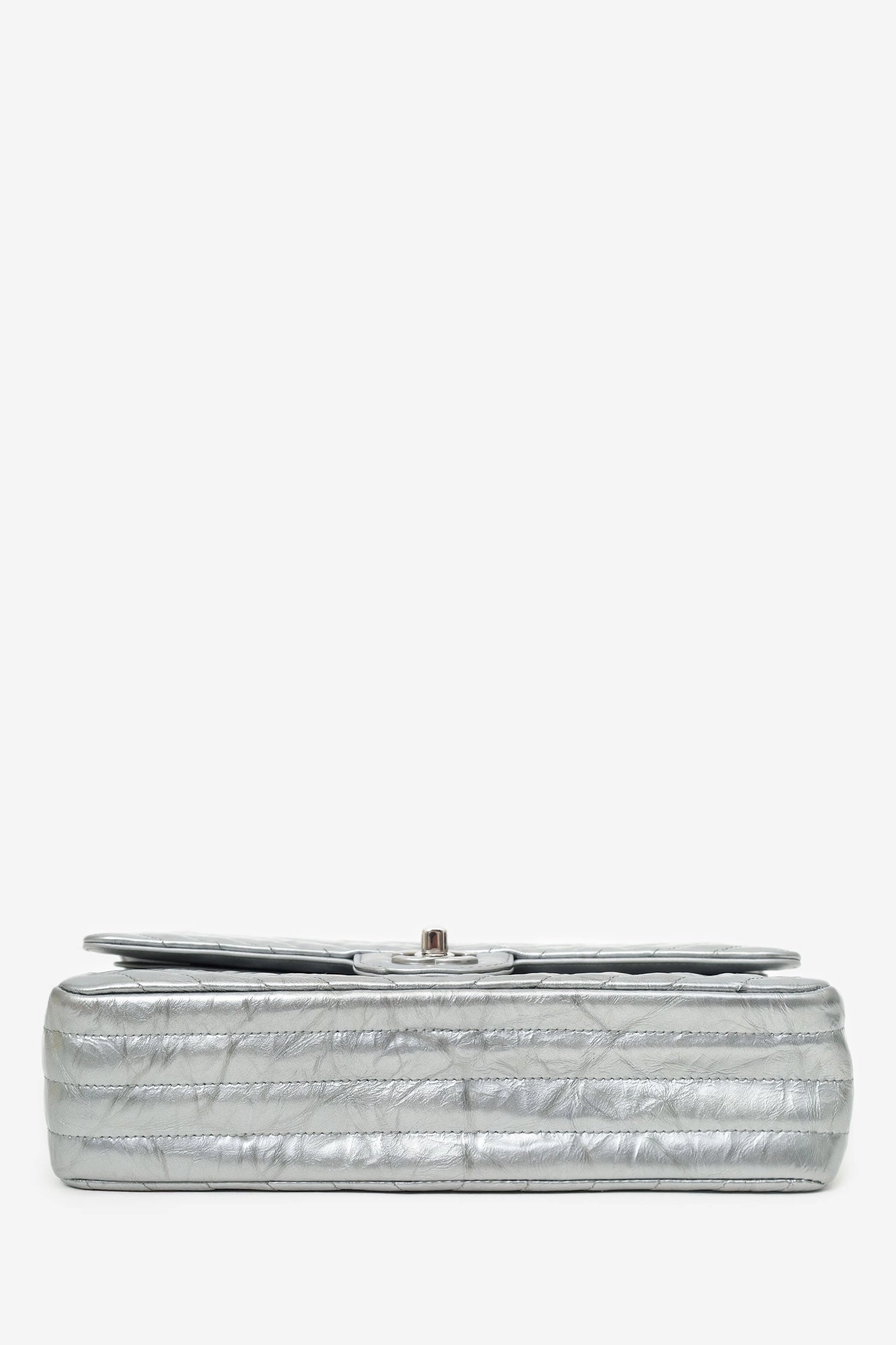 Chanel 2018 Silver Metallic Patent Crumpled Calfskin Chevron Quilted Medium Double Flap