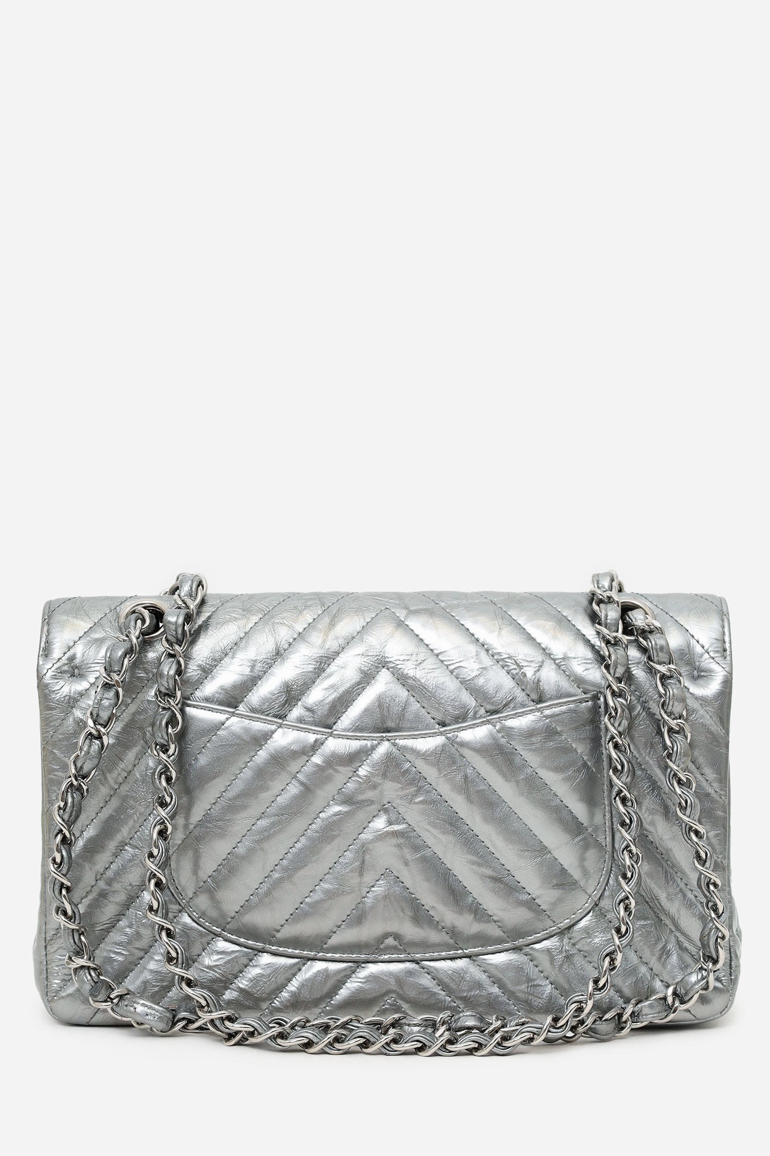 Chanel 2018 Silver Metallic Patent Crumpled Calfskin Chevron Quilted Medium Double Flap