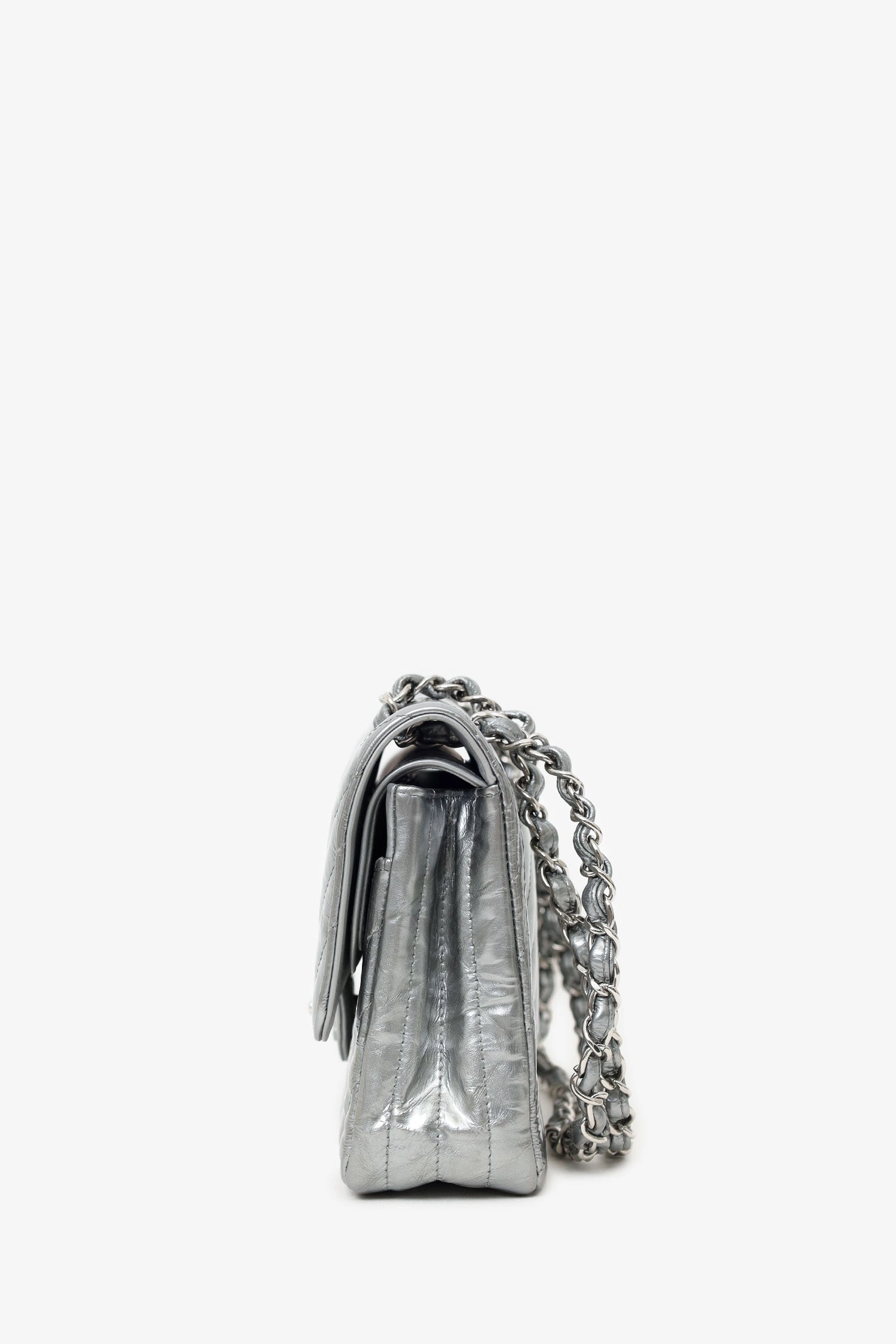 Chanel 2018 Silver Metallic Patent Crumpled Calfskin Chevron Quilted Medium Double Flap