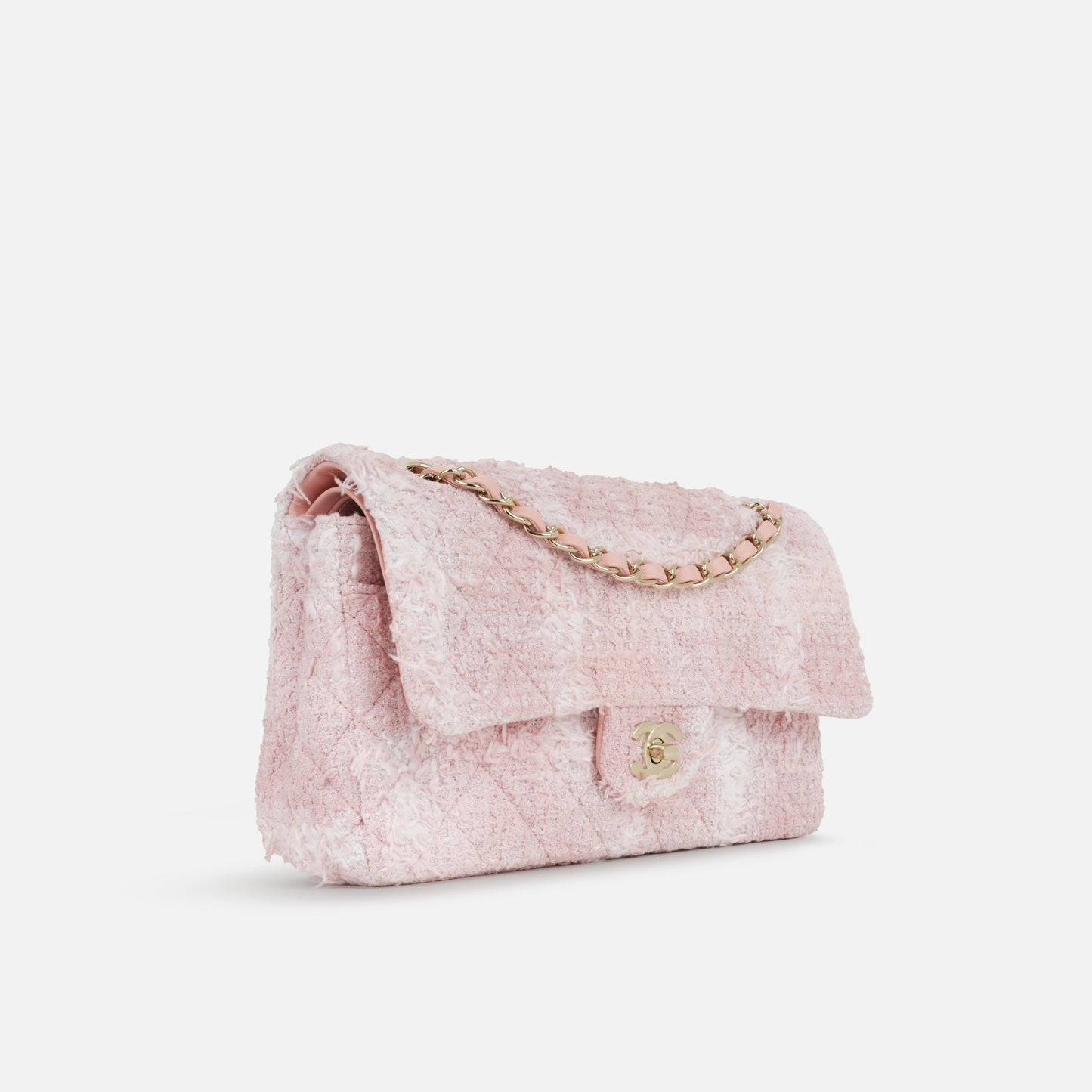 Chanel - Classic Flap Bag - Medium - Pink/White Tweed CGHW - Plaque Series - Pristine