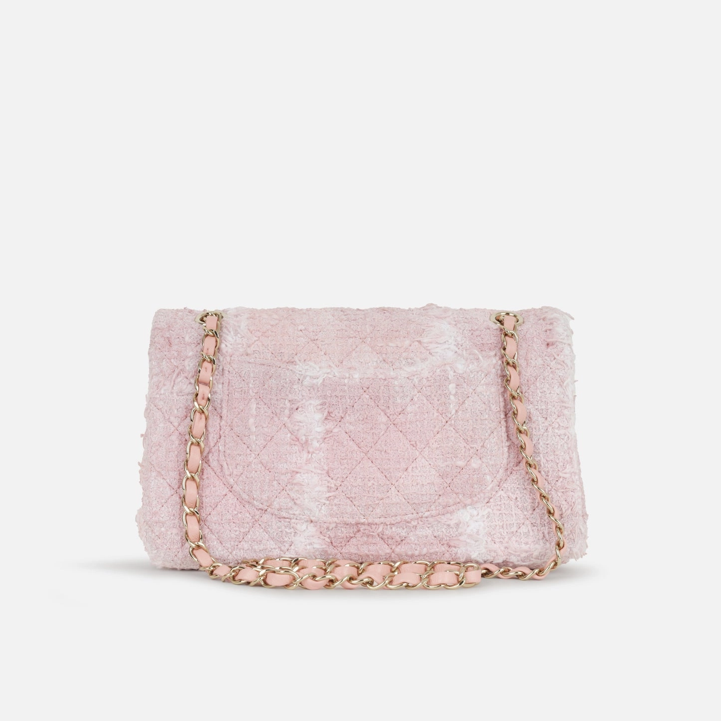 Chanel - Classic Flap Bag - Medium - Pink/White Tweed CGHW - Plaque Series - Pristine