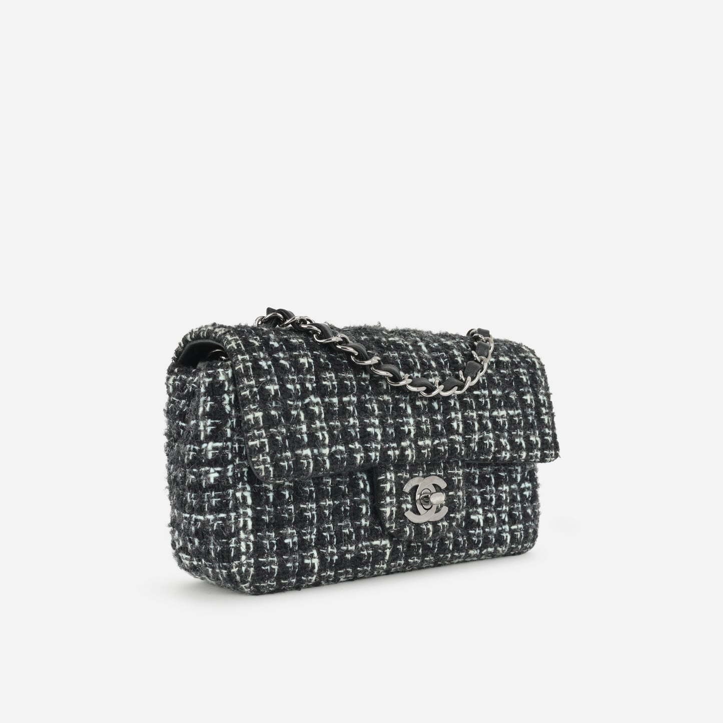Chanel - Classic Flap Bag - Mini Rectangular - Mixed Black / Light Blue Tweed SHW - Pre-Loved