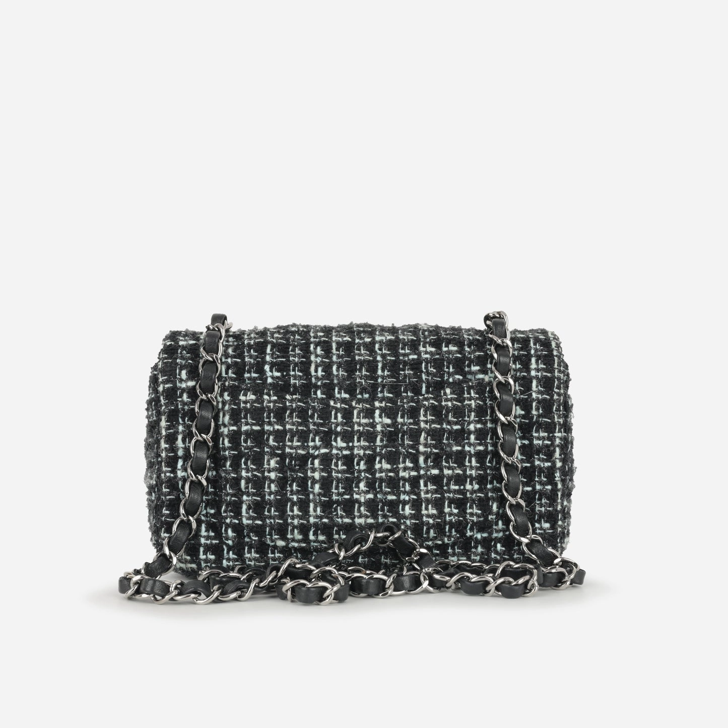 Chanel - Classic Flap Bag - Mini Rectangular - Mixed Black / Light Blue Tweed SHW - Pre-Loved