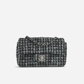 Chanel - Classic Flap Bag - Mini Rectangular - Mixed Black / Light Blue Tweed SHW - Pre-Loved