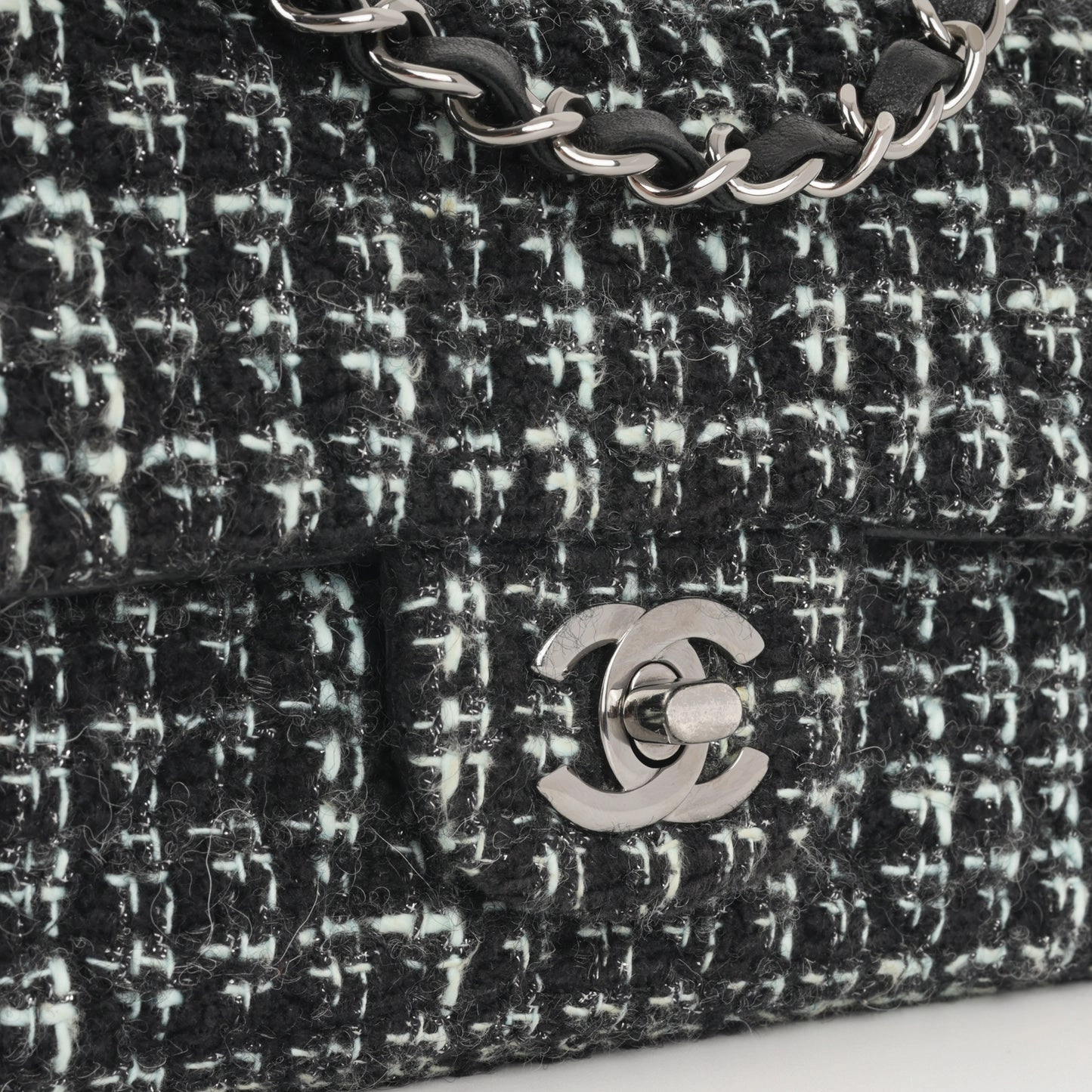 Chanel - Classic Flap Bag - Mini Rectangular - Mixed Black / Light Blue Tweed SHW - Pre-Loved