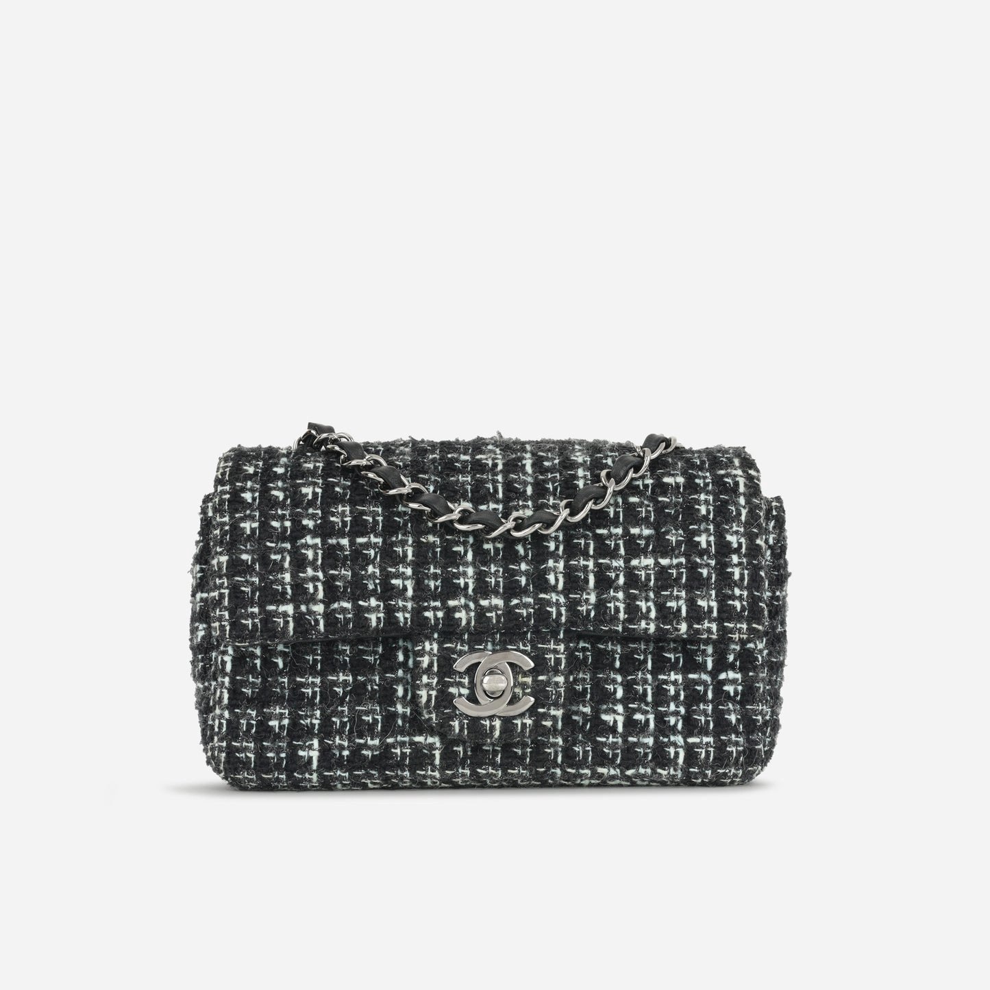 Chanel - Classic Flap Bag - Mini Rectangular - Mixed Black / Light Blue Tweed SHW - Pre-Loved