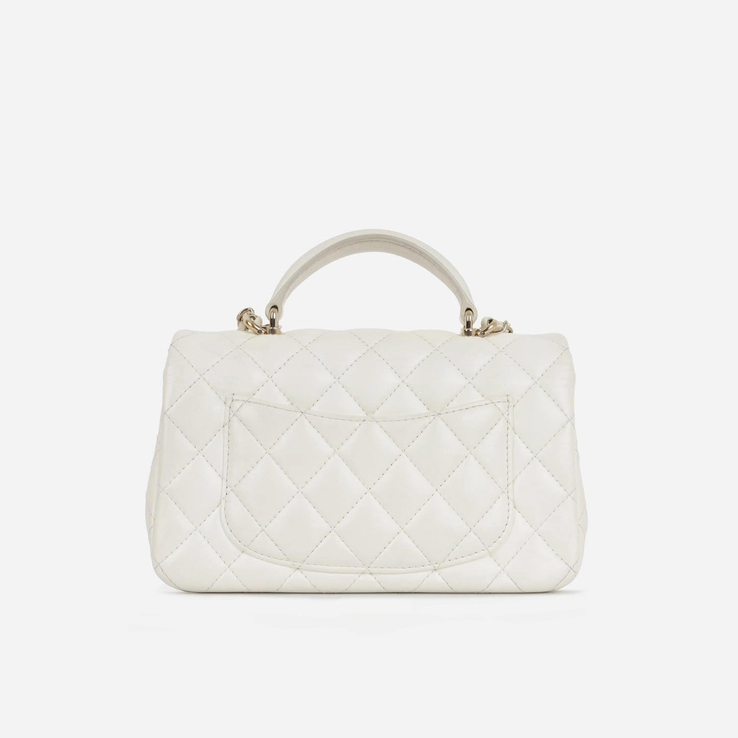 Chanel - Mini Rectangular Plaque Top Handle with Charm - White Lambskin CGHW - Pre-Loved - Plaque Series