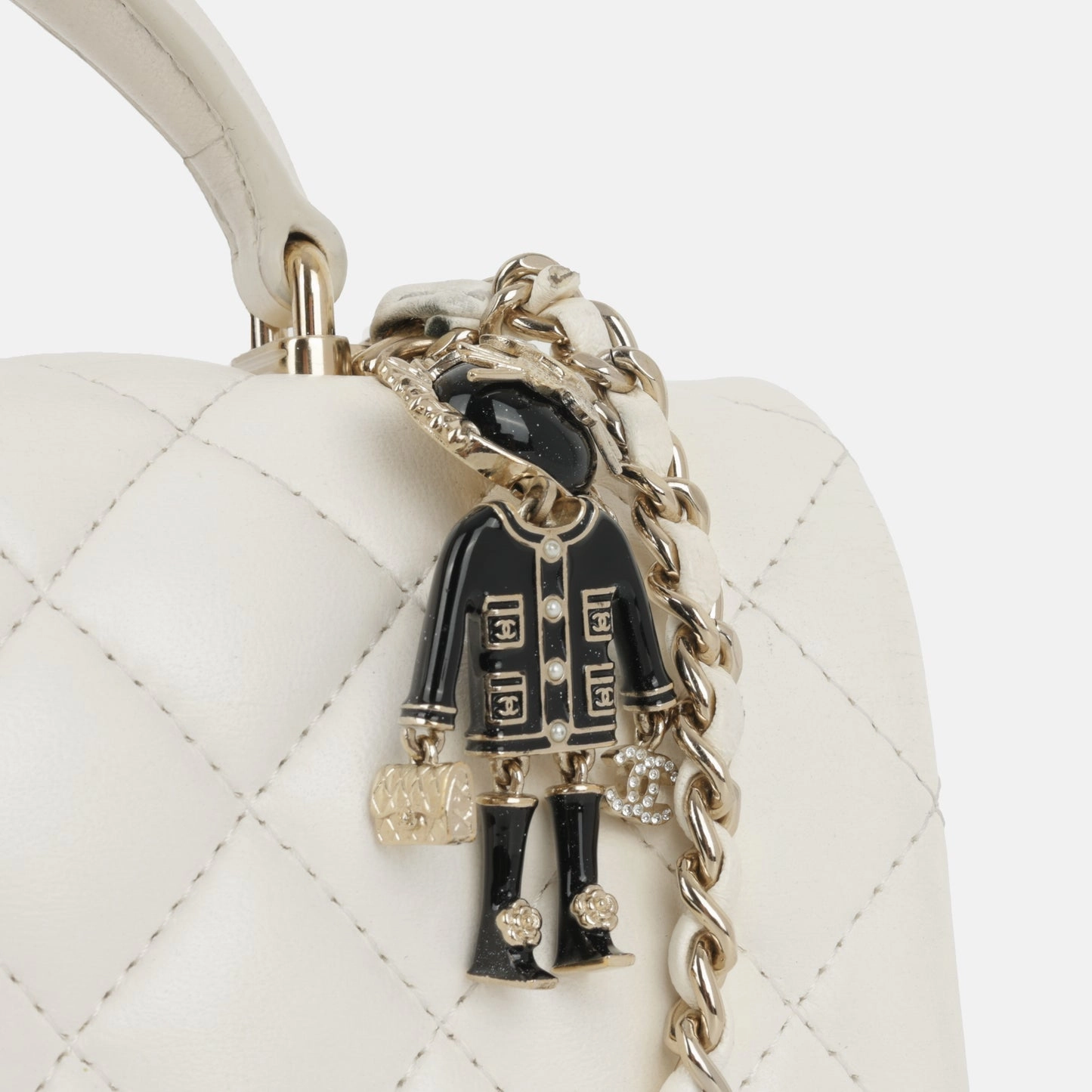 Chanel - Mini Rectangular Plaque Top Handle with Charm - White Lambskin CGHW - Pre-Loved - Plaque Series