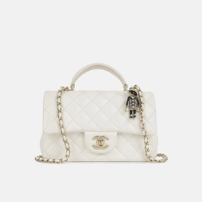 Chanel - Mini Rectangular Plaque Top Handle with Charm - White Lambskin CGHW - Pre-Loved - Plaque Series