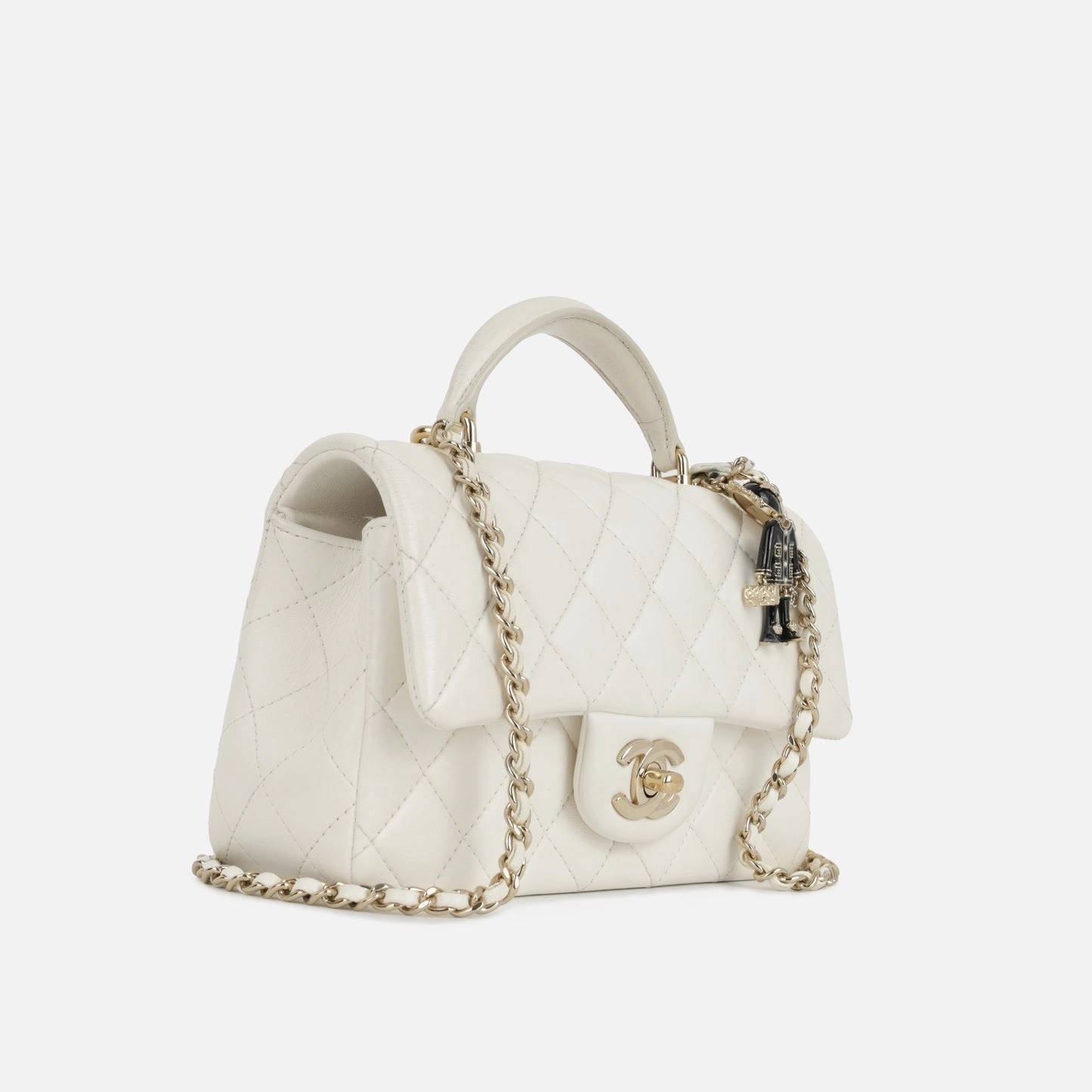 Chanel - Mini Rectangular Plaque Top Handle with Charm - White Lambskin CGHW - Pre-Loved - Plaque Series