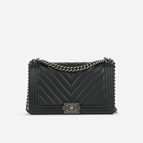 Chanel - New Medium Boy Bag - Black Chevron Caviar RHW - 2017 - Pre-Loved