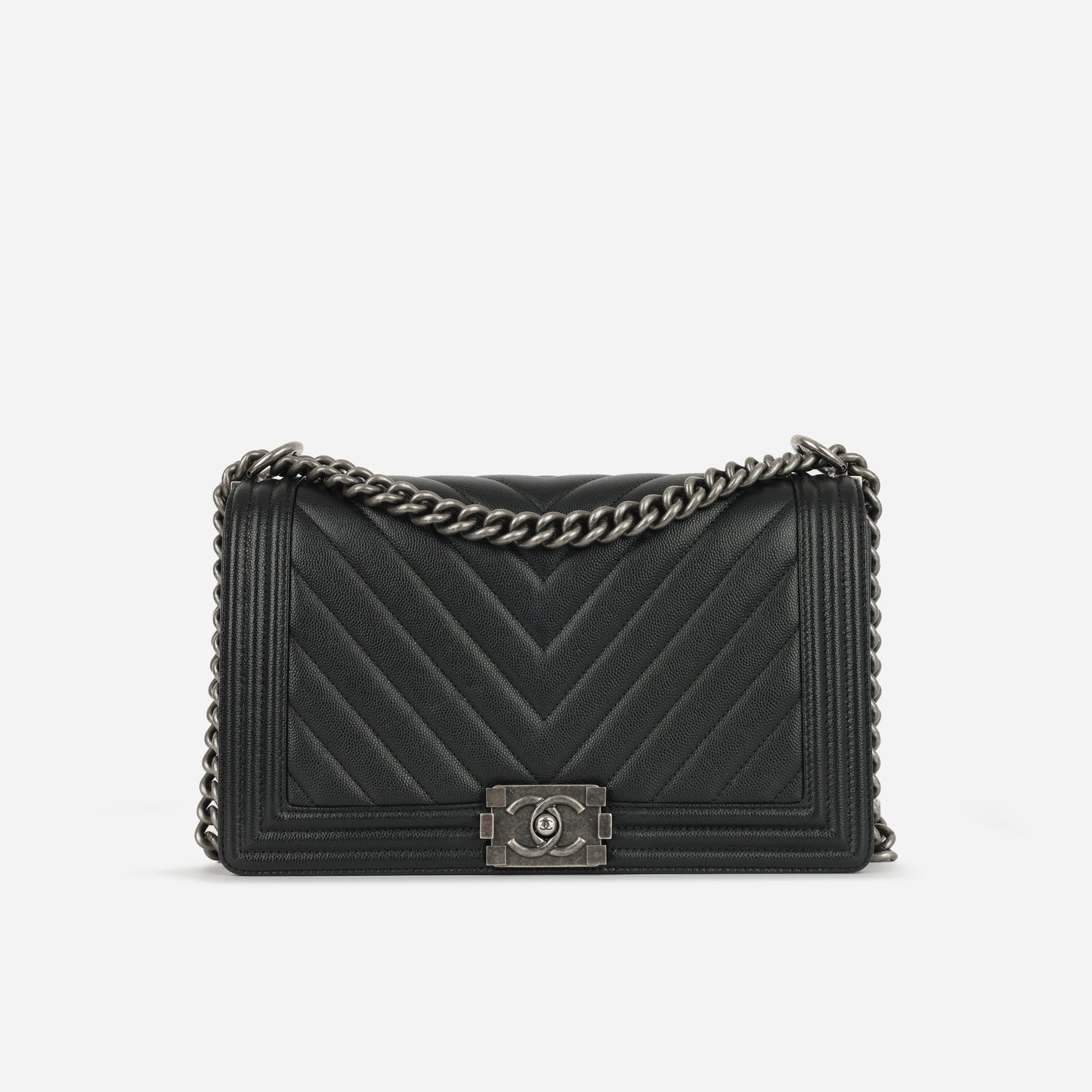 Chanel - New Medium Boy Bag - Black Chevron Caviar RHW - 2017 - Pre-Loved