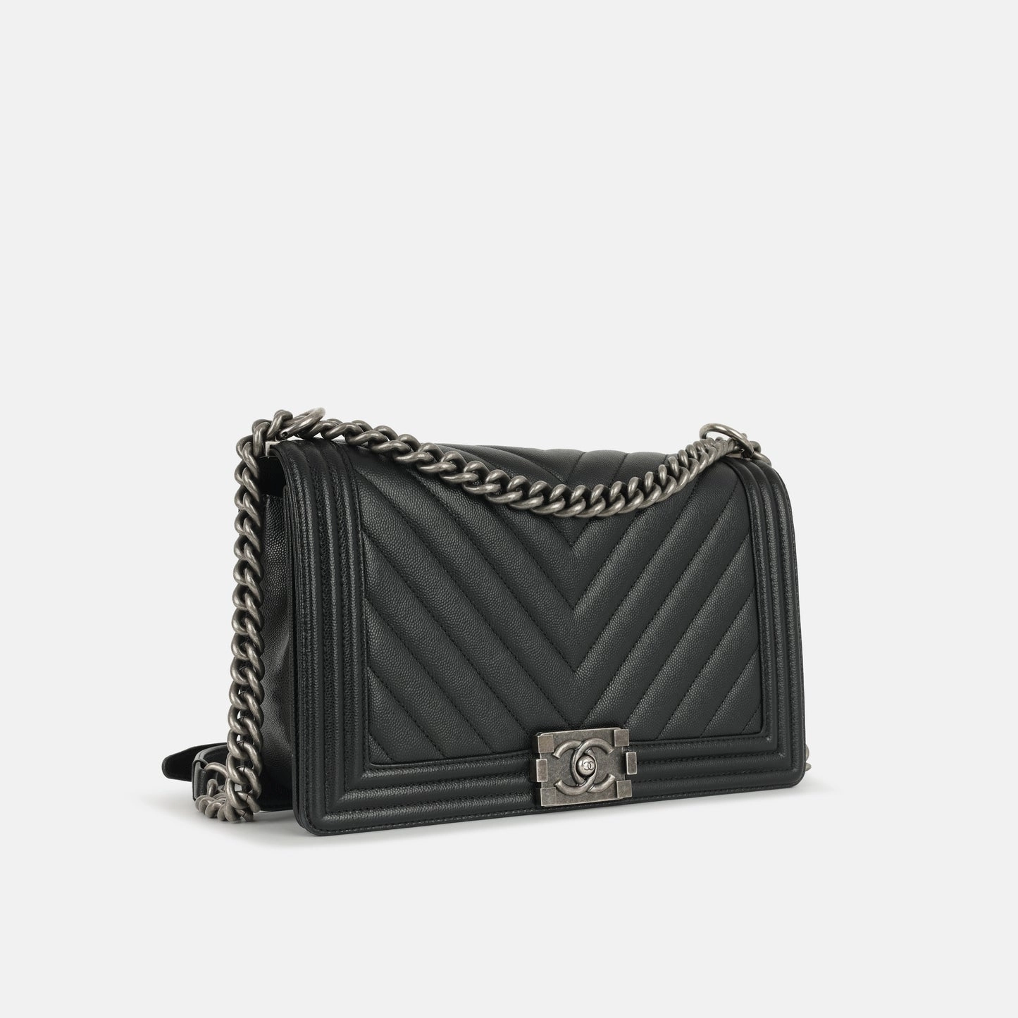 Chanel - New Medium Boy Bag - Black Chevron Caviar RHW - 2017 - Pre-Loved