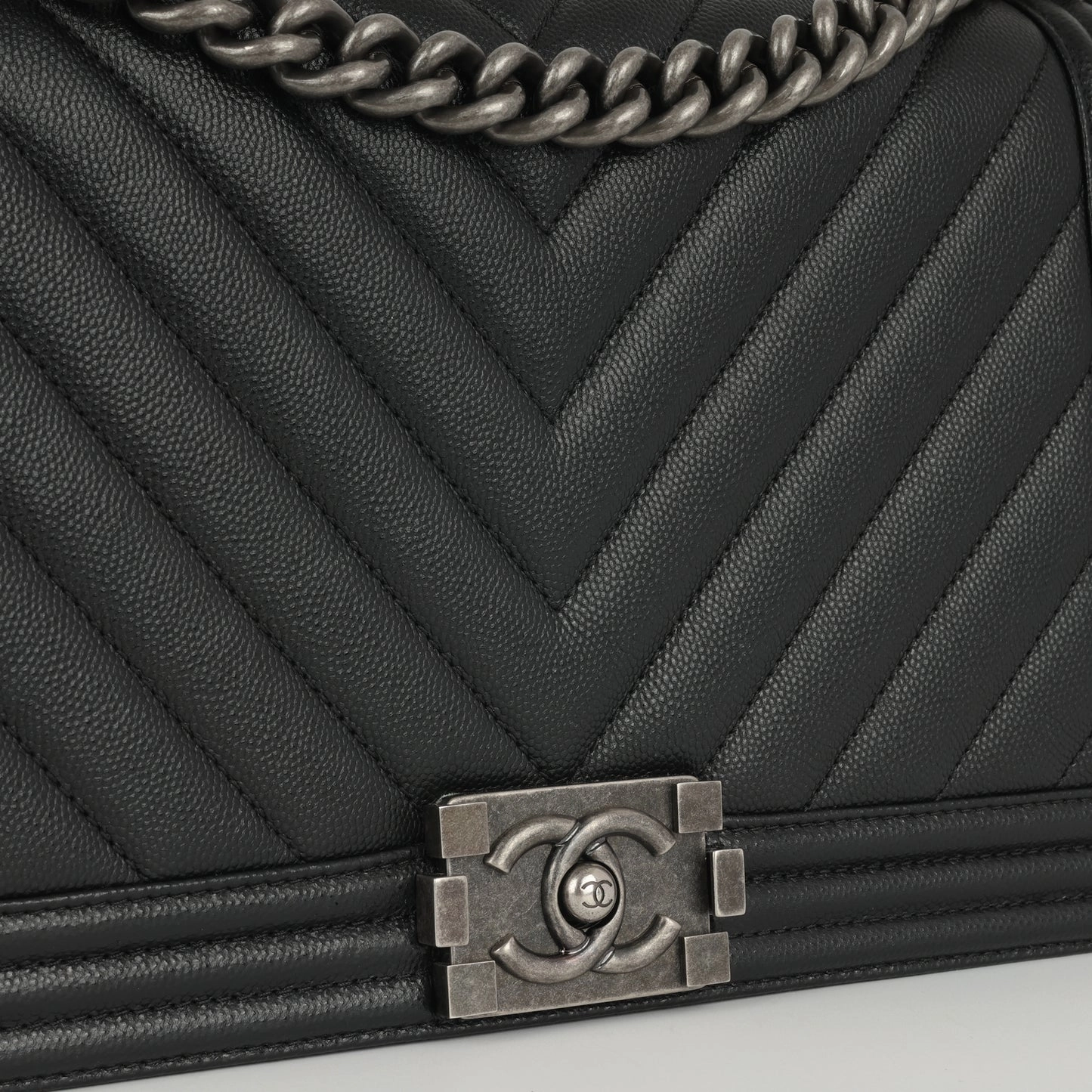 Chanel - New Medium Boy Bag - Black Chevron Caviar RHW - 2017 - Pre-Loved