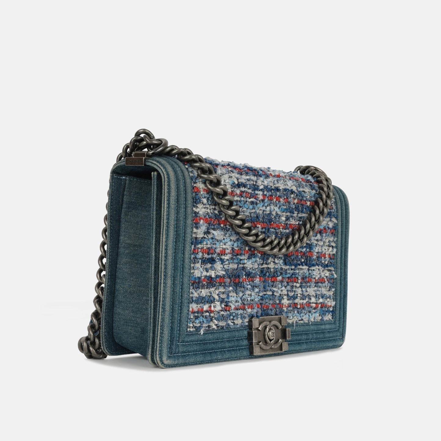 Chanel - New Medium Boy Bag - Blue Denim / Multicolor Quilted Tweed RHW - 2014 - Pre-Loved