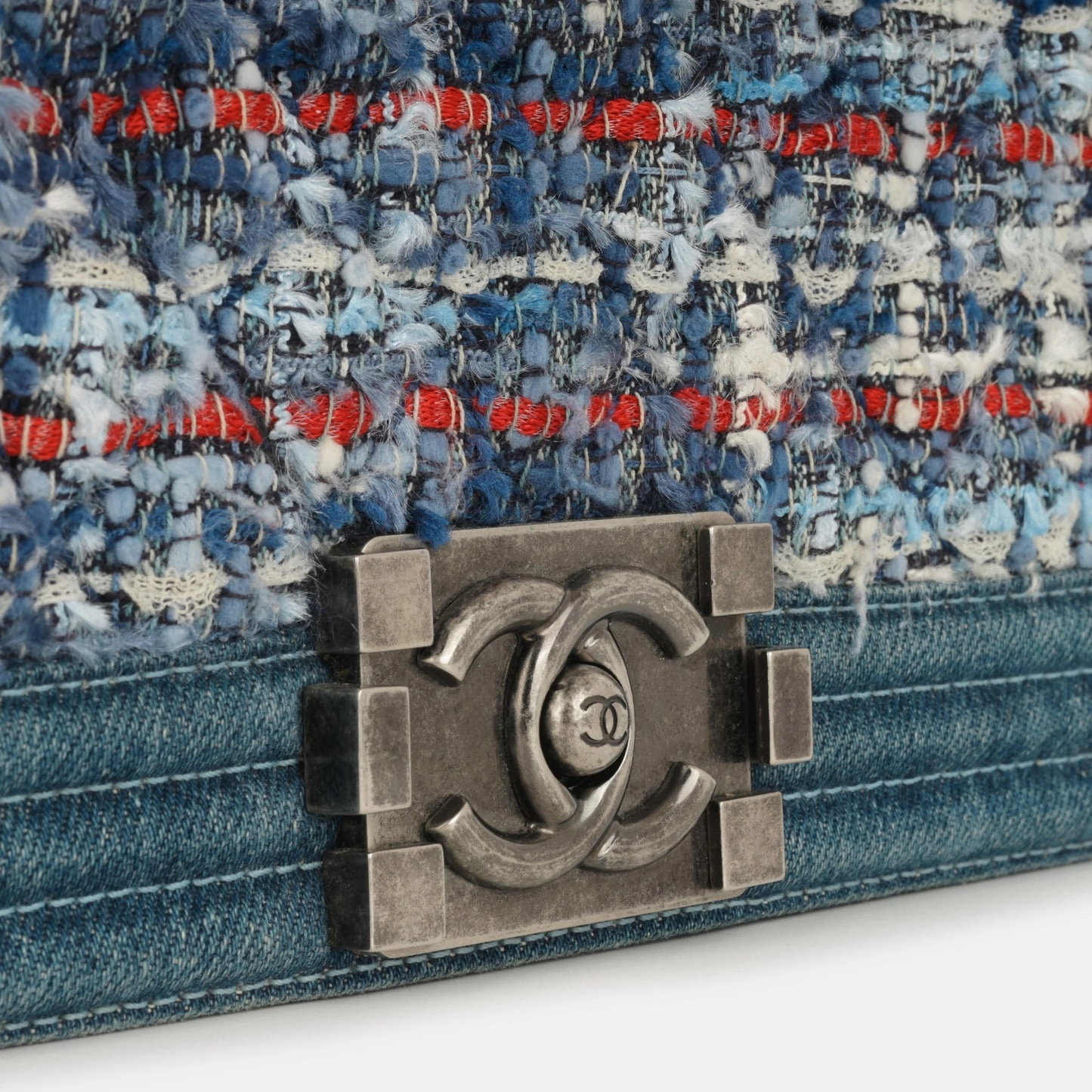 Chanel - New Medium Boy Bag - Blue Denim / Multicolor Quilted Tweed RHW - 2014 - Pre-Loved
