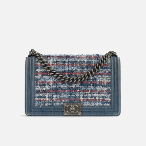 Chanel - New Medium Boy Bag - Blue Denim / Multicolor Quilted Tweed RHW - 2014 - Pre-Loved