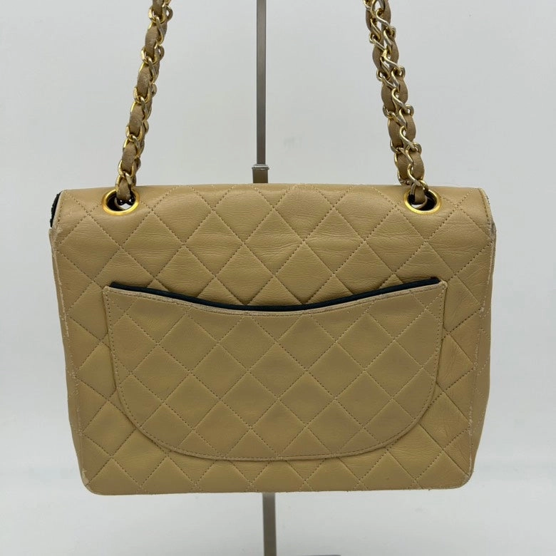 Chanel Beige Leather Quilted Shoulder Bag Medium Size