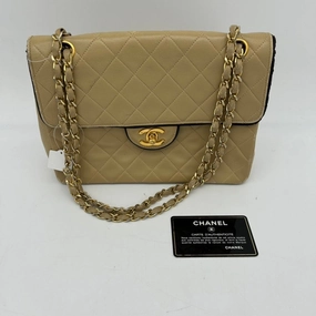 Chanel Beige Leather Quilted Shoulder Bag Medium Size