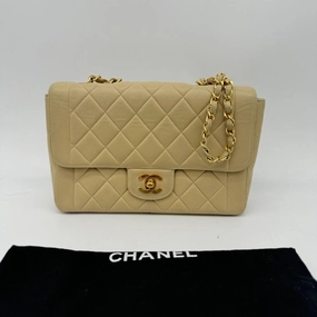 Chanel Beige Leather Shoulder Bag Vintage Lambskin Single Flap Medium