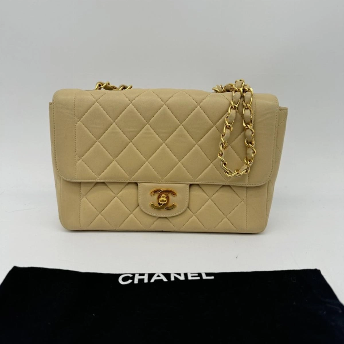 Chanel Beige Leather Shoulder Bag Vintage Lambskin Single Flap Medium