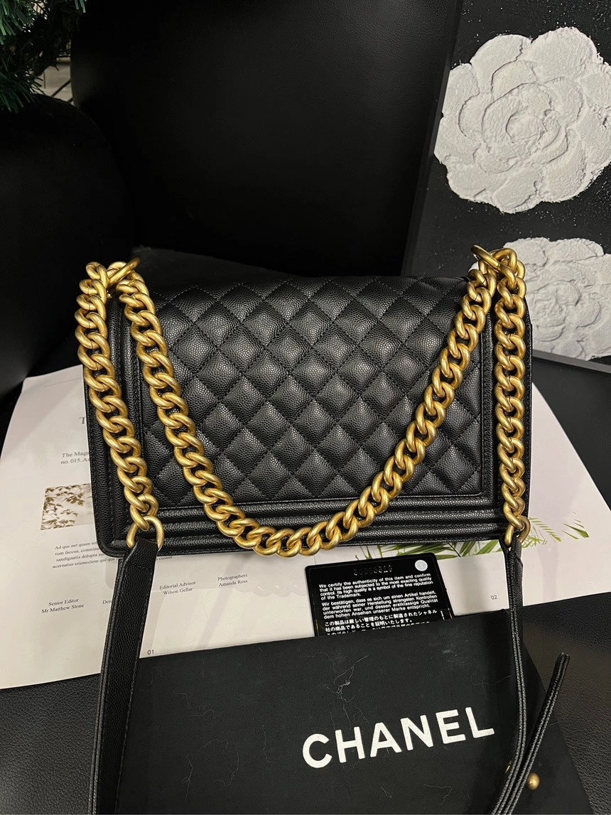 Chanel Black Gold Lychee Pattern Medium LeBoy Crossbody Bag