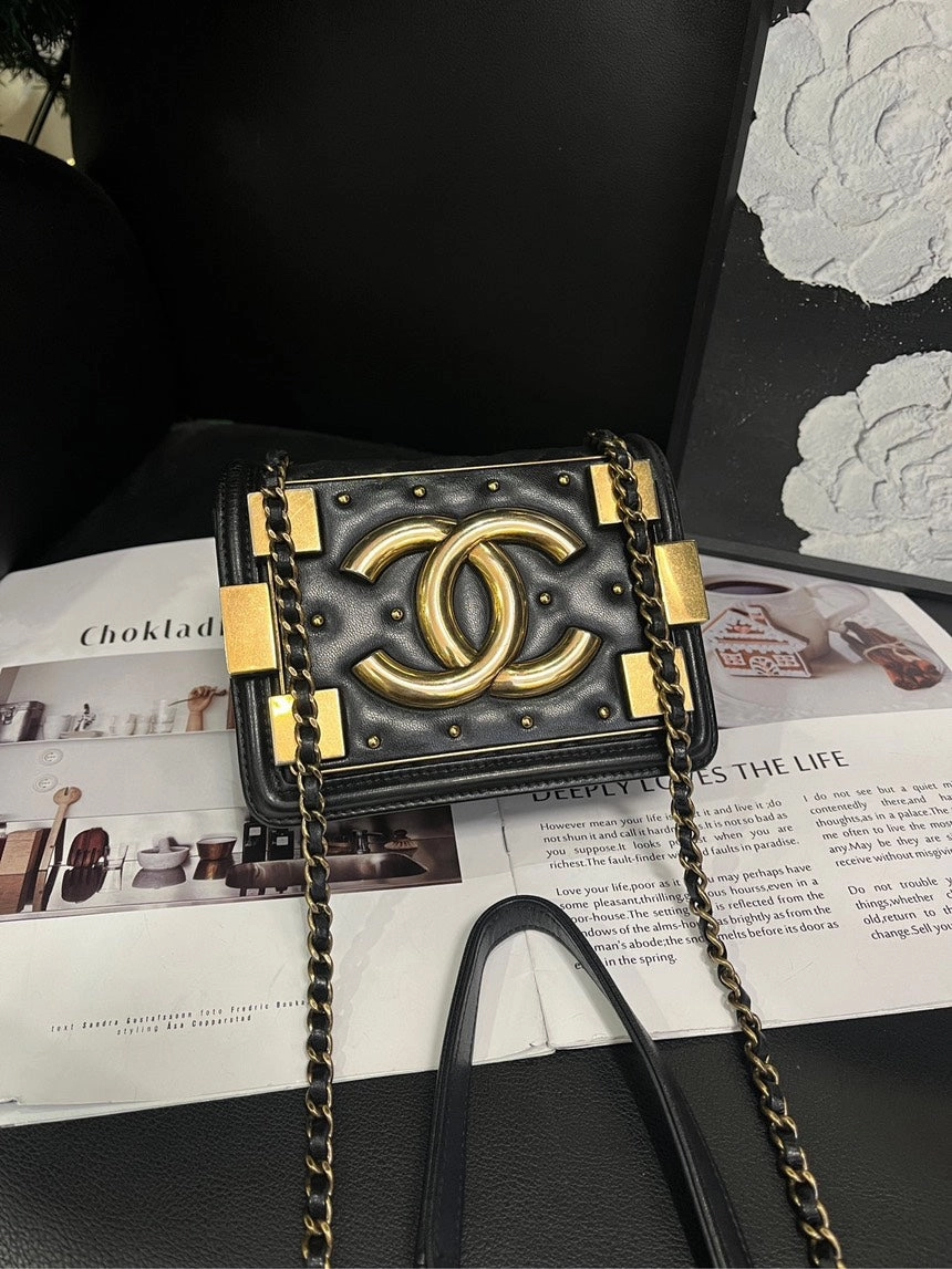Chanel Black Gold Rivet Block Box Crossbody Bag