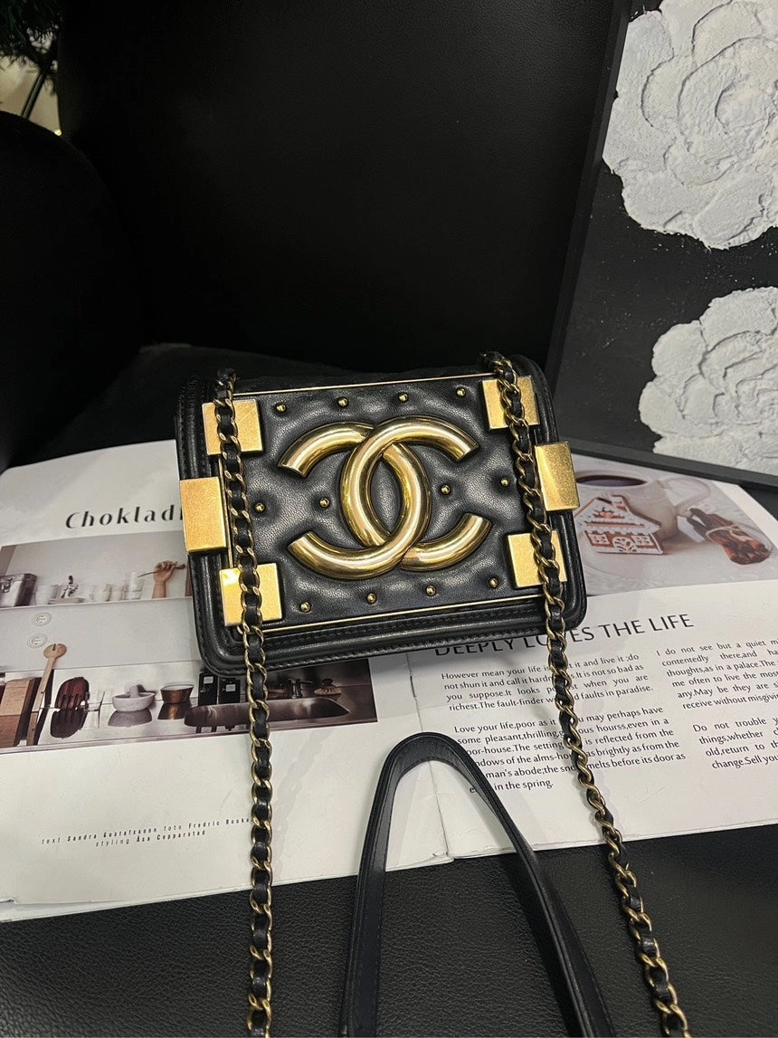 Chanel Black Gold Rivet Block Box Crossbody Bag