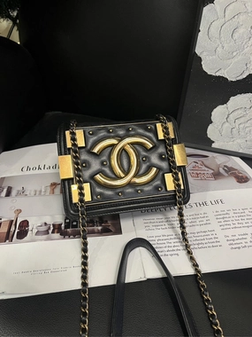 Chanel Black Gold Rivet Block Box Crossbody Bag