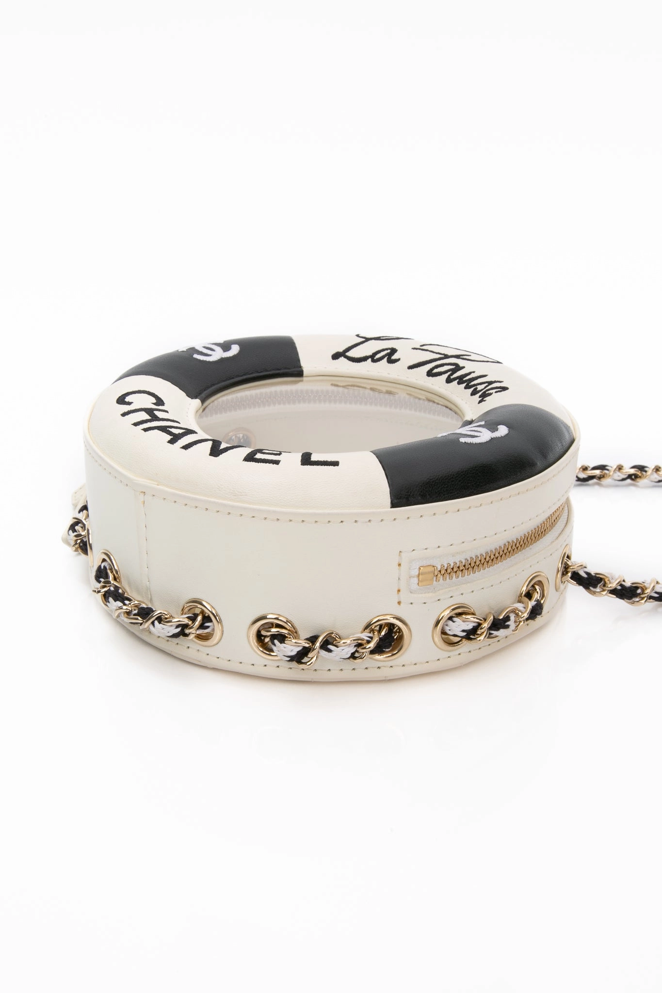 CHANEL Black White Lambskin Coco Lifesaver Round Crossbody Bag