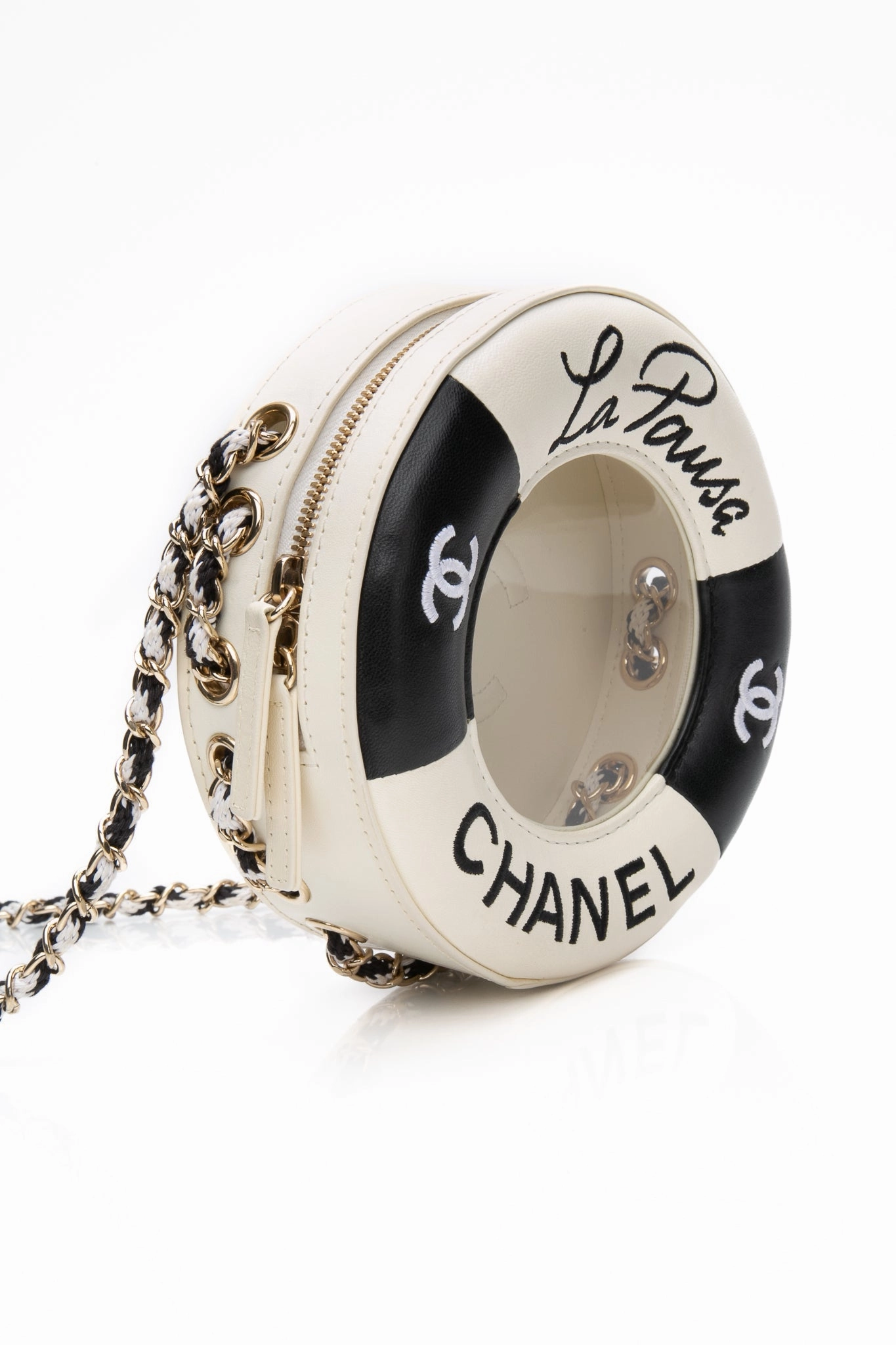CHANEL Black White Lambskin Coco Lifesaver Round Crossbody Bag