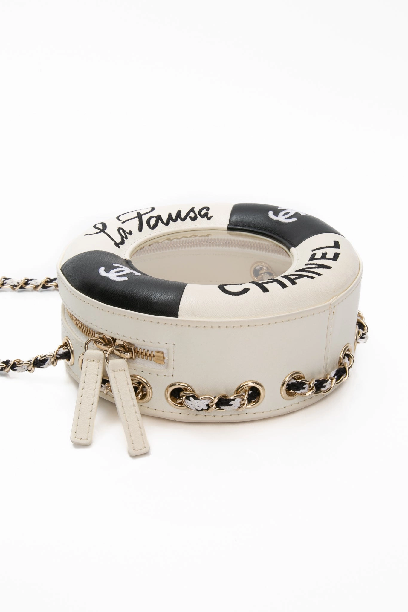 CHANEL Black White Lambskin Coco Lifesaver Round Crossbody Bag