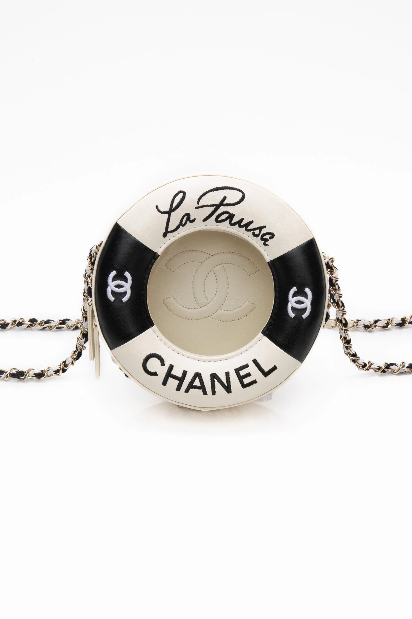 CHANEL Black White Lambskin Coco Lifesaver Round Crossbody Bag