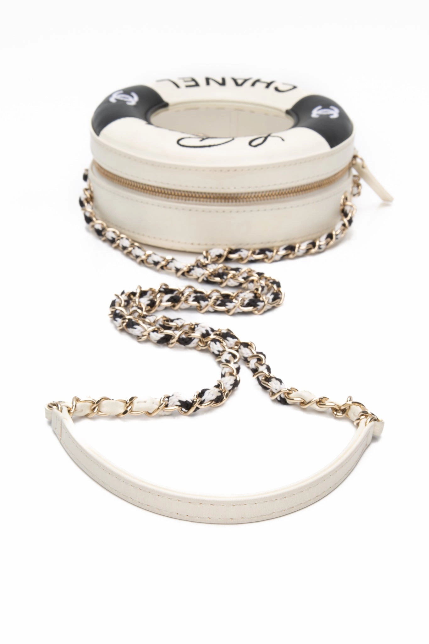 CHANEL Black White Lambskin Coco Lifesaver Round Crossbody Bag
