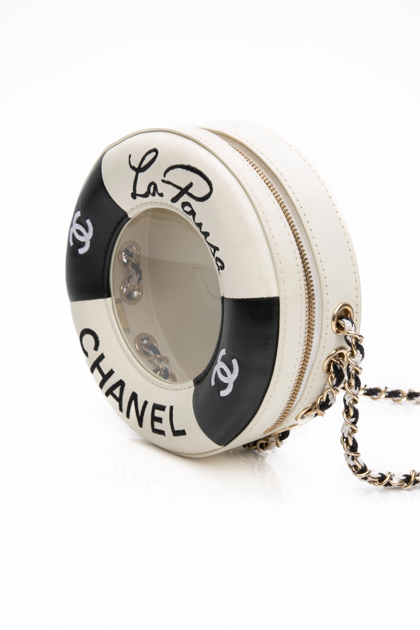 CHANEL Black White Lambskin Coco Lifesaver Round Crossbody Bag