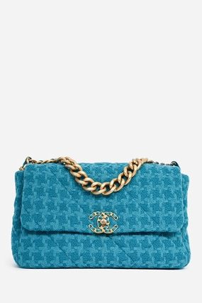 Chanel Blue Houndstooth Tweed Large 19 Flap Shoulder Bag