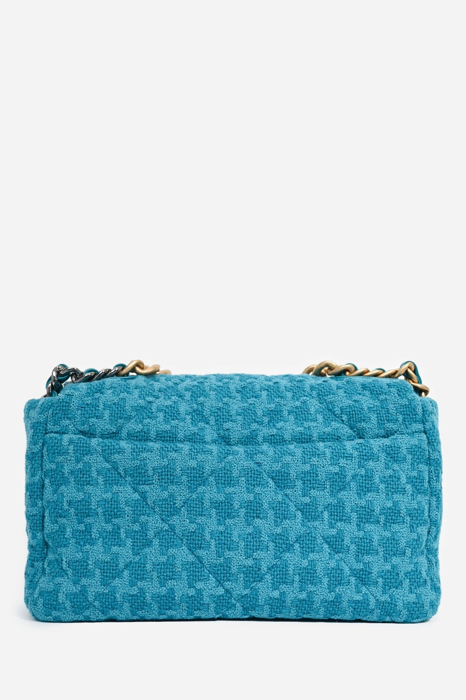 Chanel Blue Houndstooth Tweed Large 19 Flap Shoulder Bag