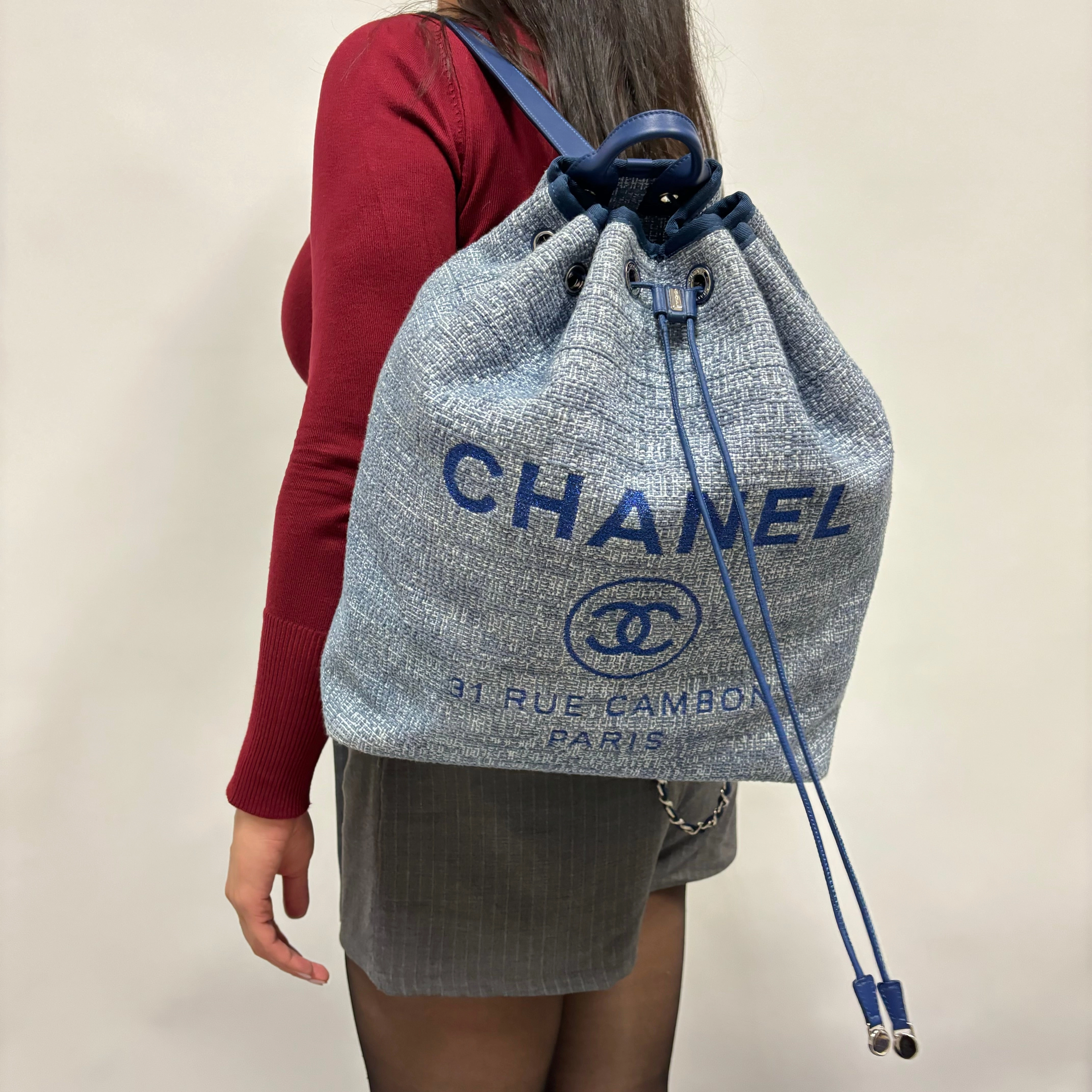 Chanel Blue Tweed and Leather Deauville Drawstring Backpack 2018