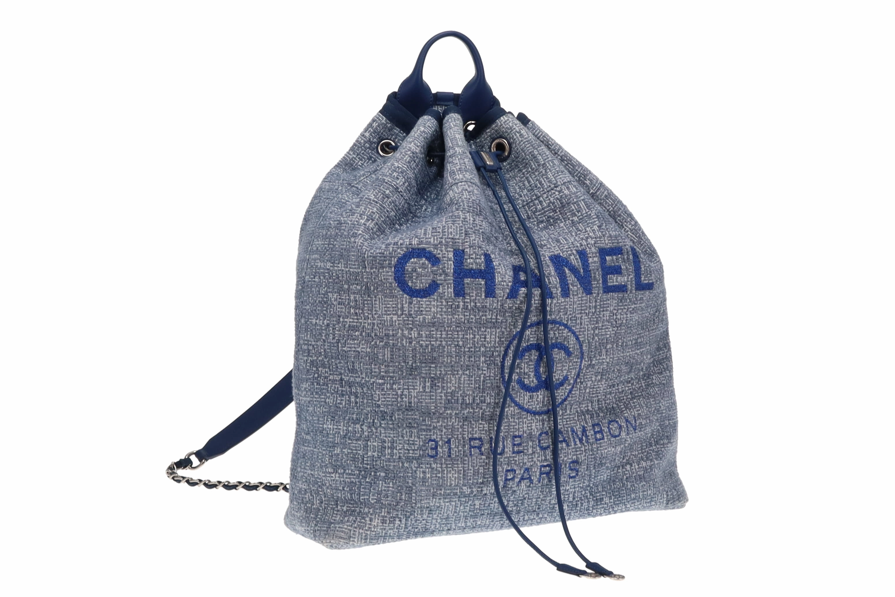 Chanel Blue Tweed and Leather Deauville Drawstring Backpack 2018