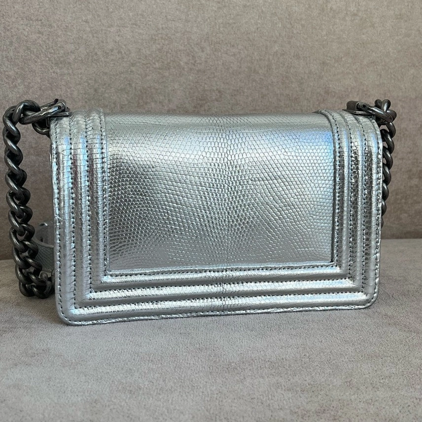 Chanel Boy Bag Silver Leather Crossbody  Preloved