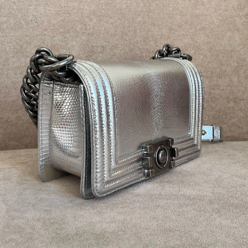 Chanel Boy Bag Silver Leather Crossbody  Preloved