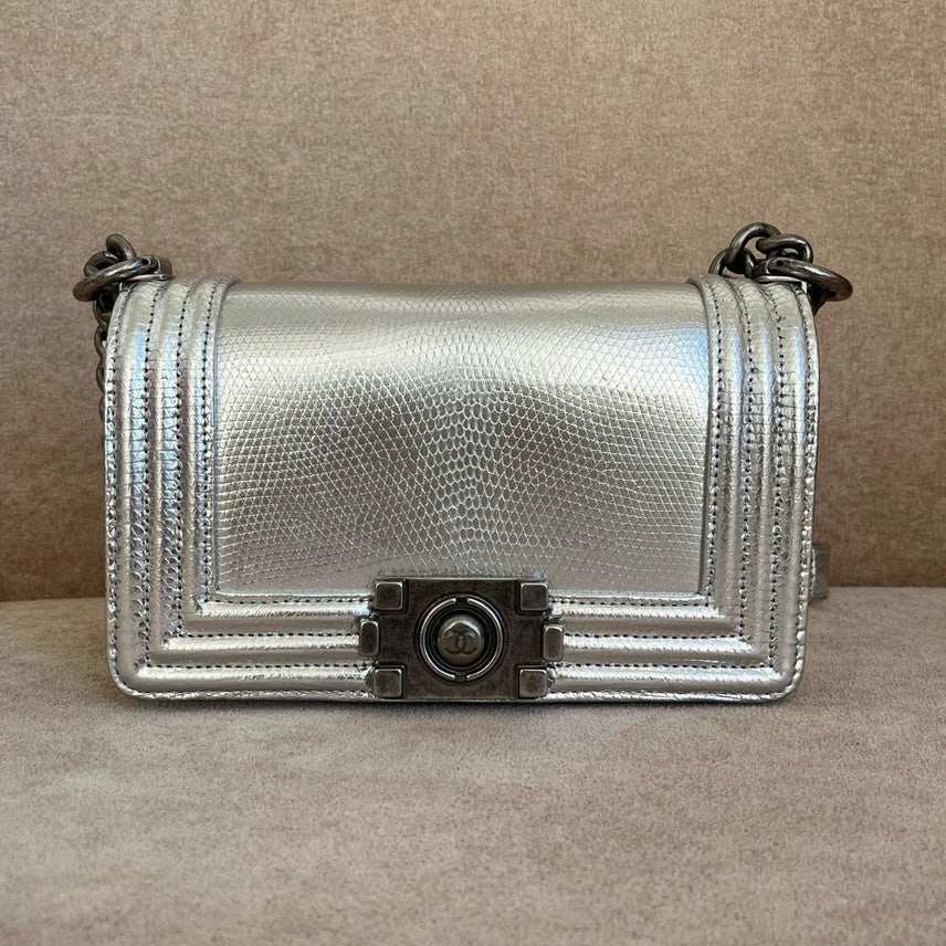 Chanel Boy Bag Silver Leather Crossbody  Preloved