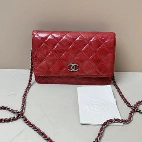 Chanel Caviar Red Patent Leather Wallet On Chain Quilted Small Crossbody Bag