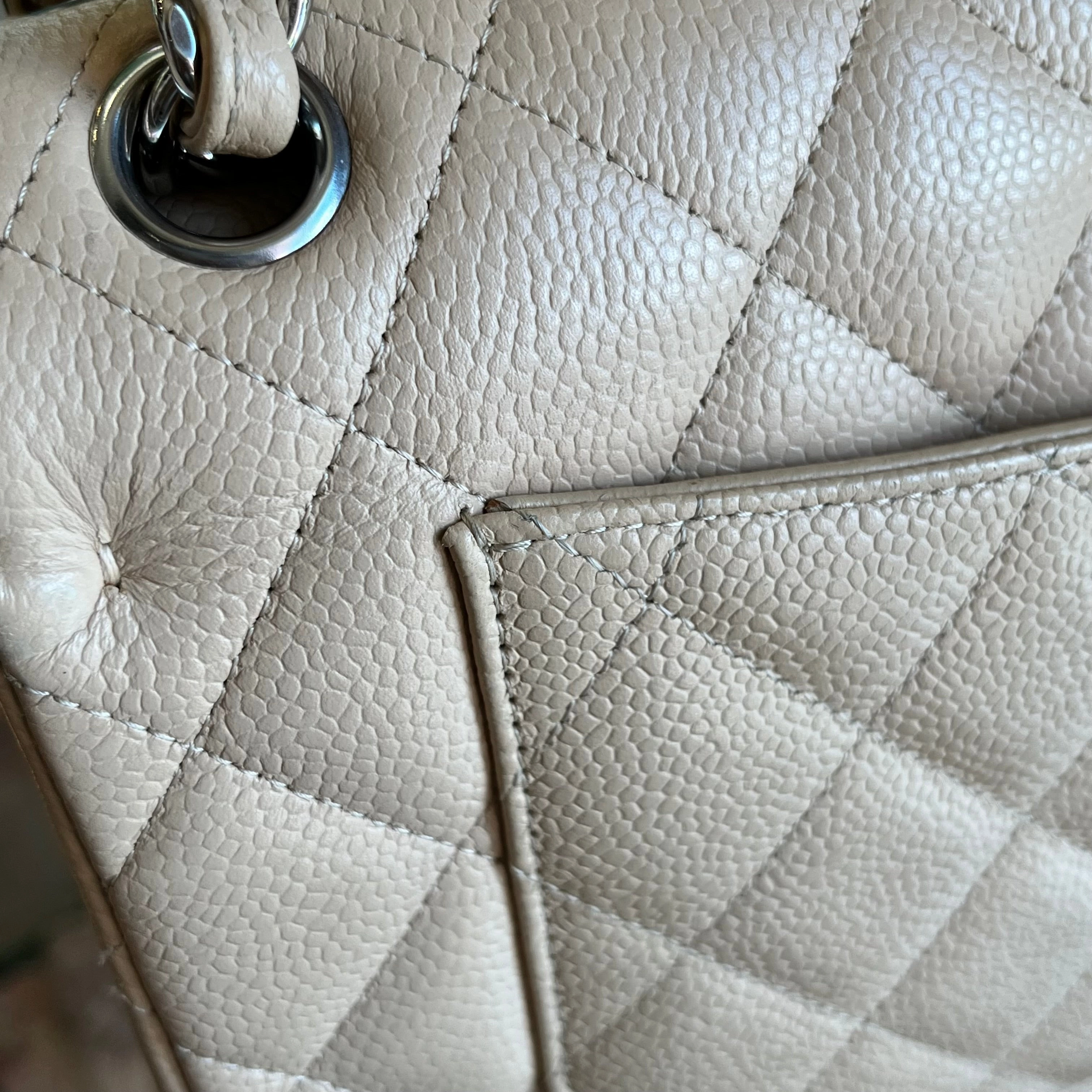 CHANEL Classic Double Flap Jumbo Beige Quilted Caviar Leather Shoulder Bag