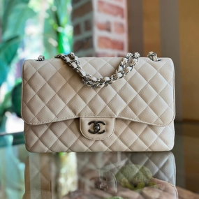 CHANEL Classic Double Flap Jumbo Beige Quilted Caviar Leather Shoulder Bag