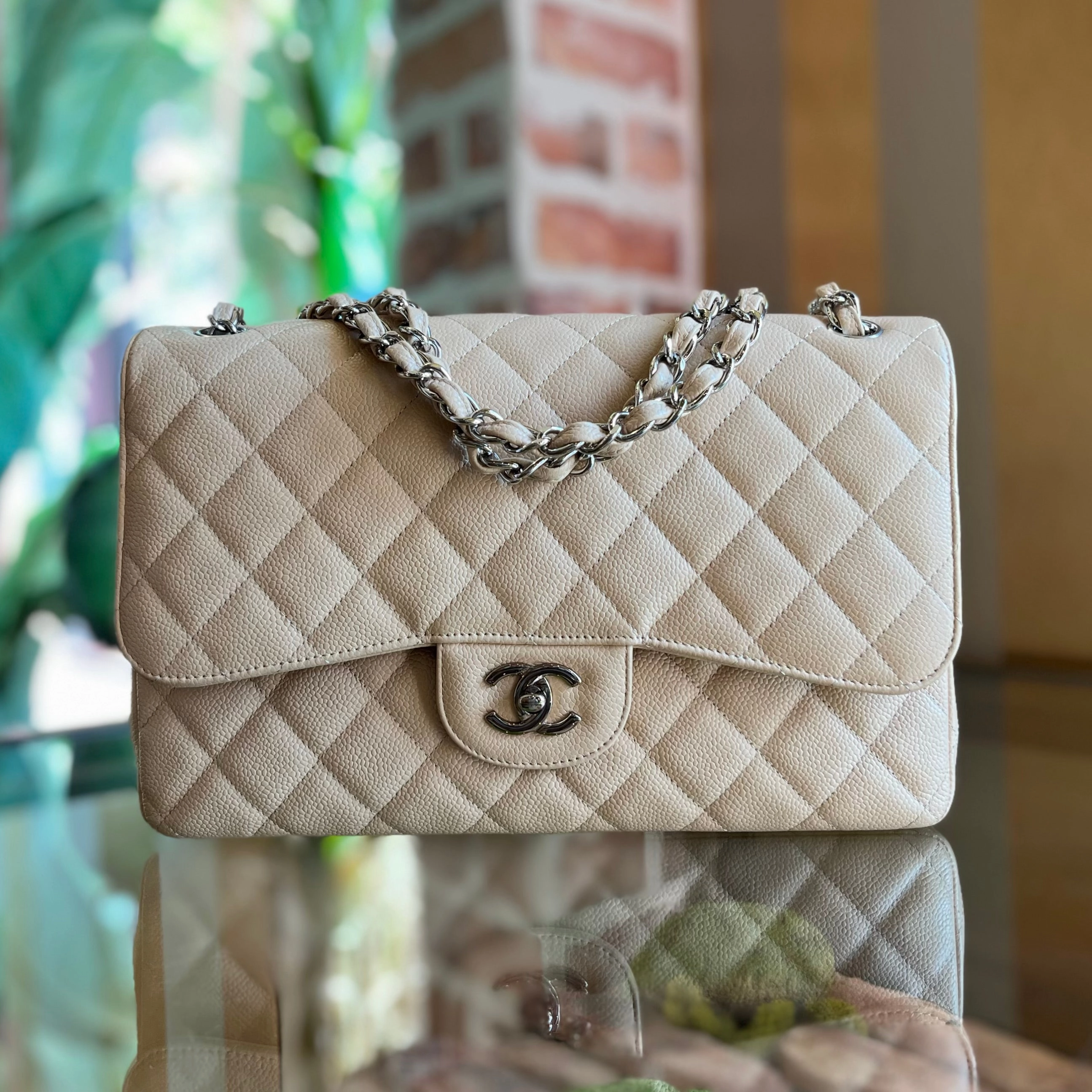 CHANEL Classic Double Flap Jumbo Beige Quilted Caviar Leather Shoulder Bag