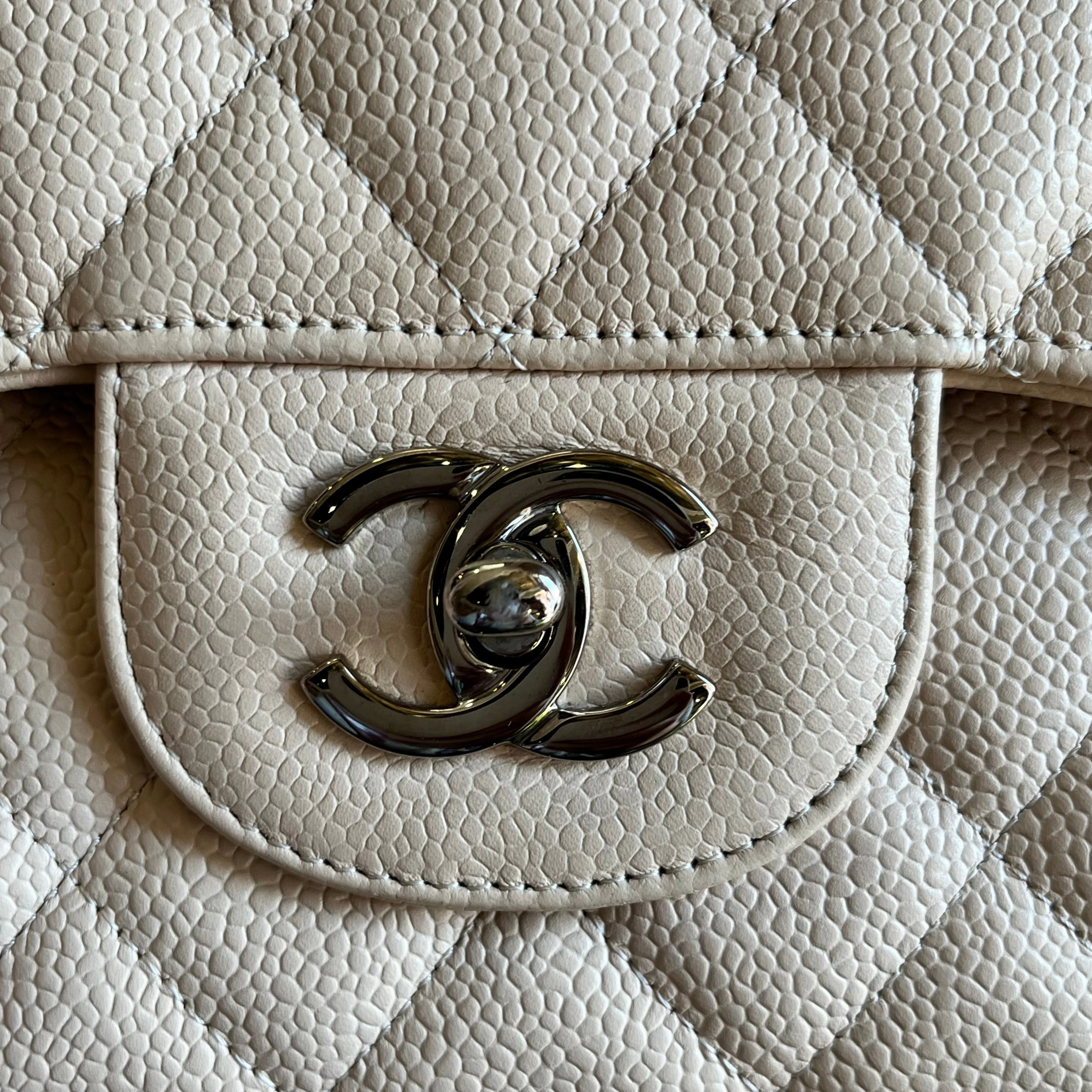CHANEL Classic Double Flap Jumbo Beige Quilted Caviar Leather Shoulder Bag