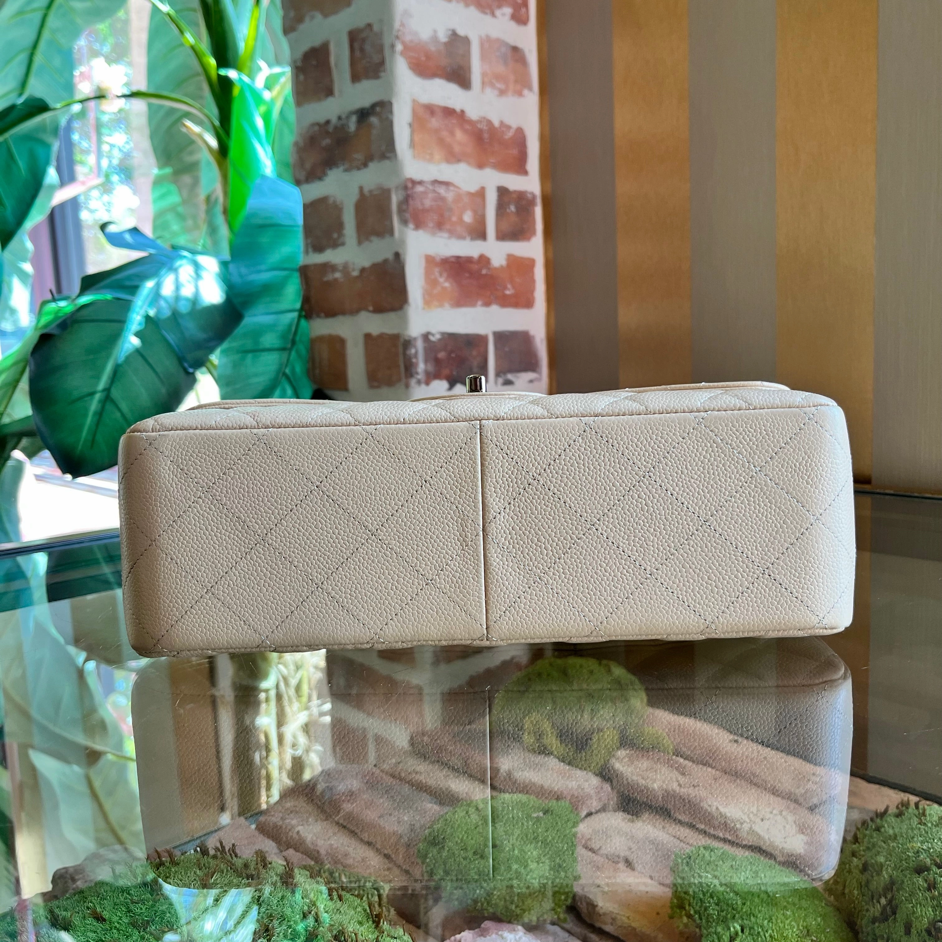 CHANEL Classic Double Flap Jumbo Beige Quilted Caviar Leather Shoulder Bag