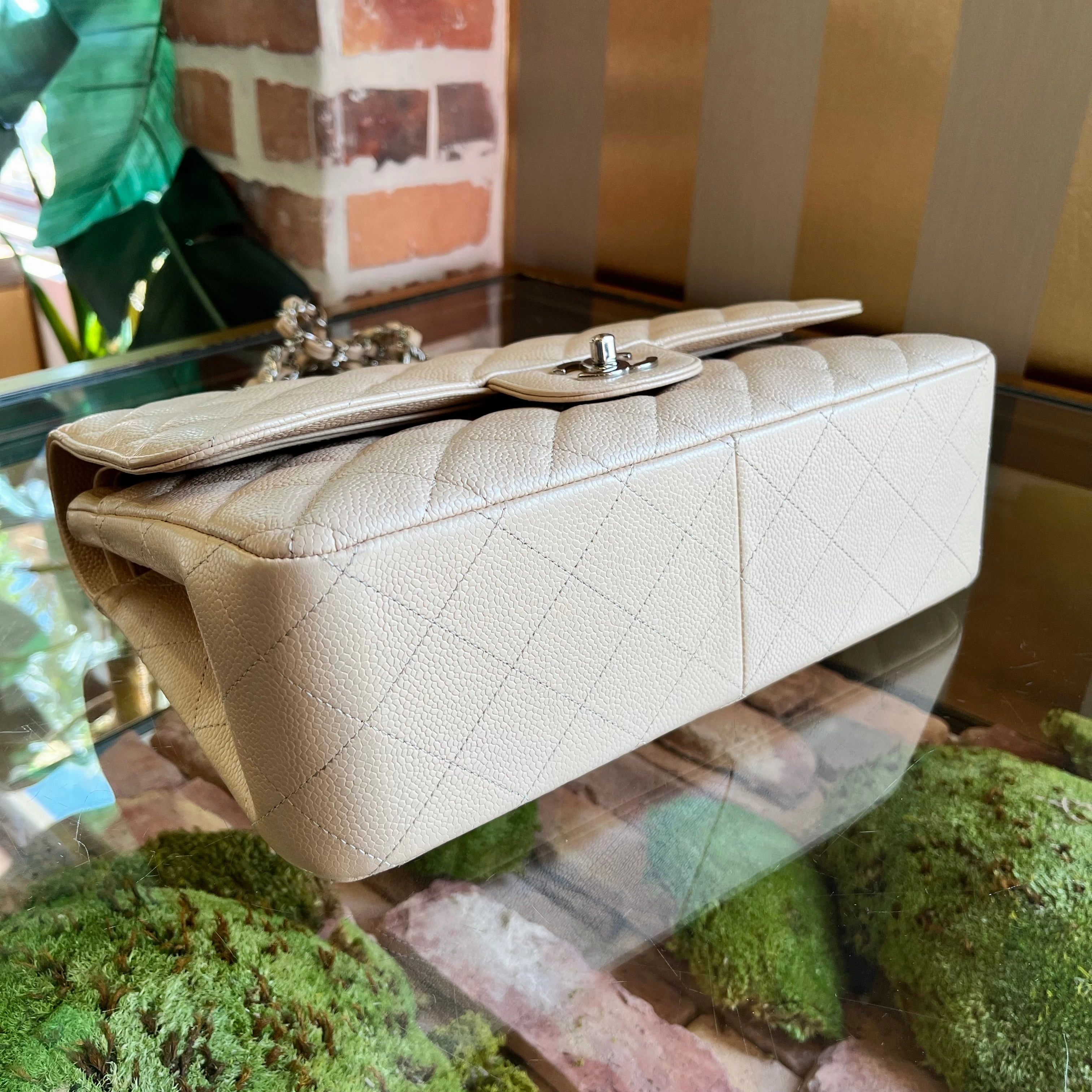 CHANEL Classic Double Flap Jumbo Beige Quilted Caviar Leather Shoulder Bag