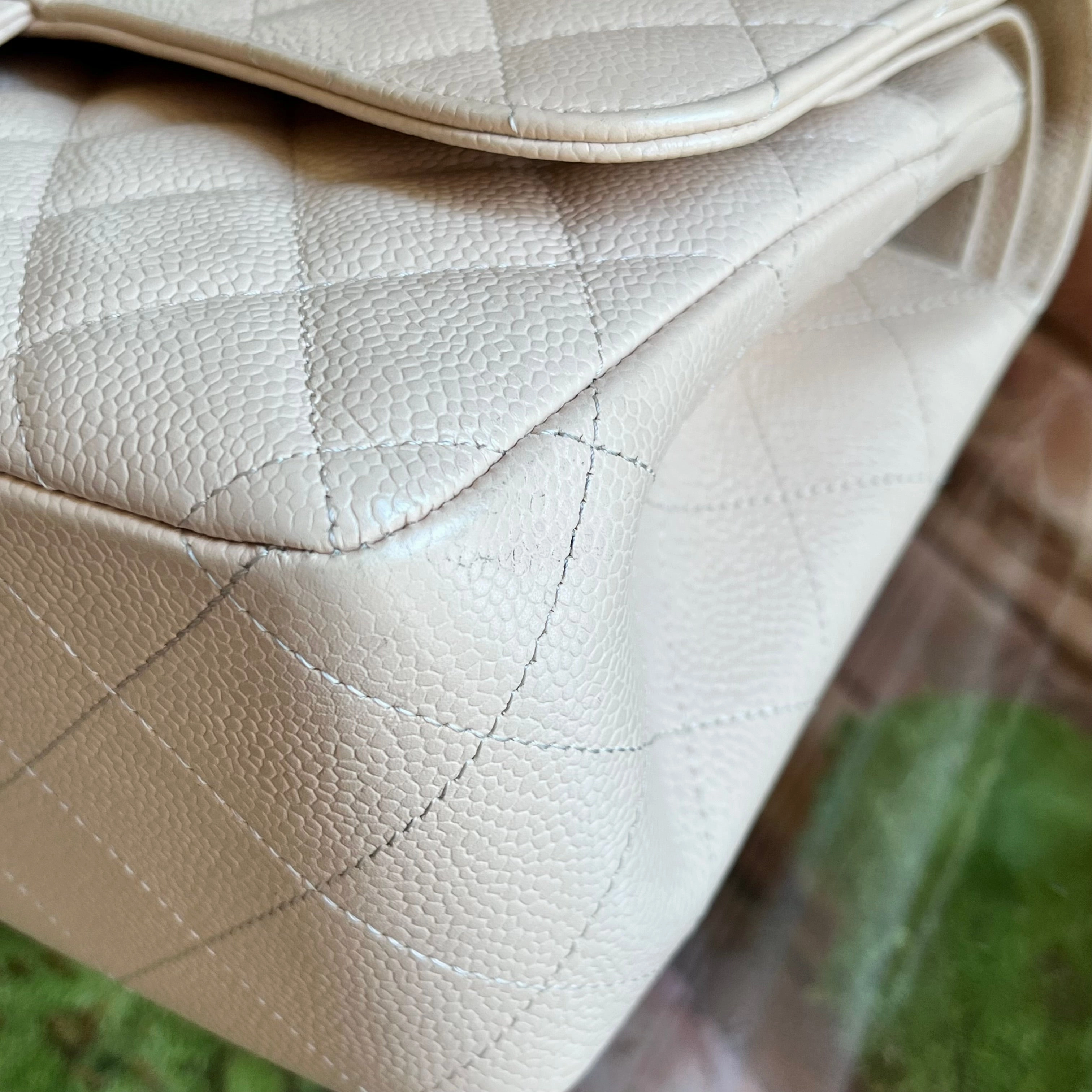CHANEL Classic Double Flap Jumbo Beige Quilted Caviar Leather Shoulder Bag
